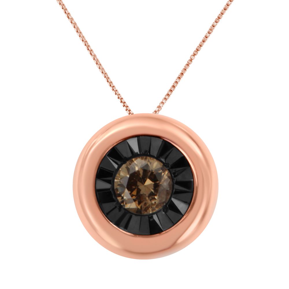 Schwarzes Rhodium über 10 Karat Rosengold 1 / 10 Karat Diamant Zwei-Ton Round Miracle-Plate Solitaire 18 'Hänger Halskette (Champagnerfarbe, I2 - I3 Klarheit)