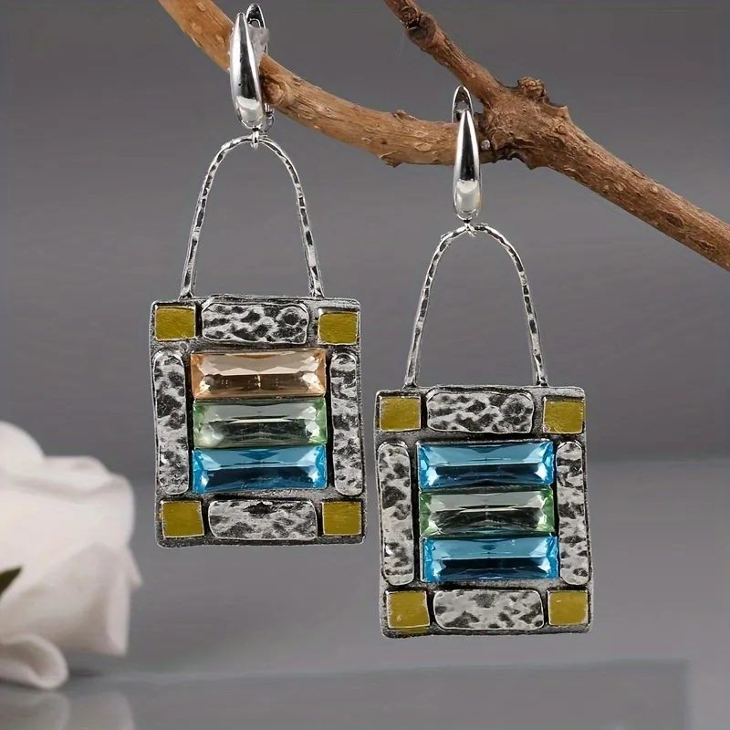 Vintage Grün Blau Kristall Stein Hook Ohrringe geometrische Quadrat Zirkon Ohrringe Party Schmuck