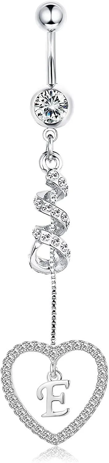 14G Dangle Bauchknopfringe mit Initialen für Frauen Mädchen Dangle Nabel Ringe 316L Chirurgische gebogene Nabel Barbell Herz Anhänger Dangle Bauch Piercing Schmuck