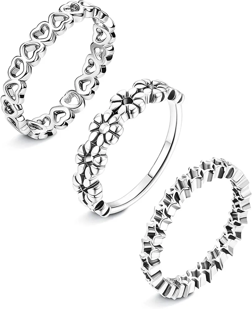 3pcs Edelstahl Stackable Ringe für Frauen Herzen Daisy Flower Star einfacher Ring Band Dainty Verlobung Hochzeitserklärung Liebe Versprechen Ringe Schmuck Größe 7