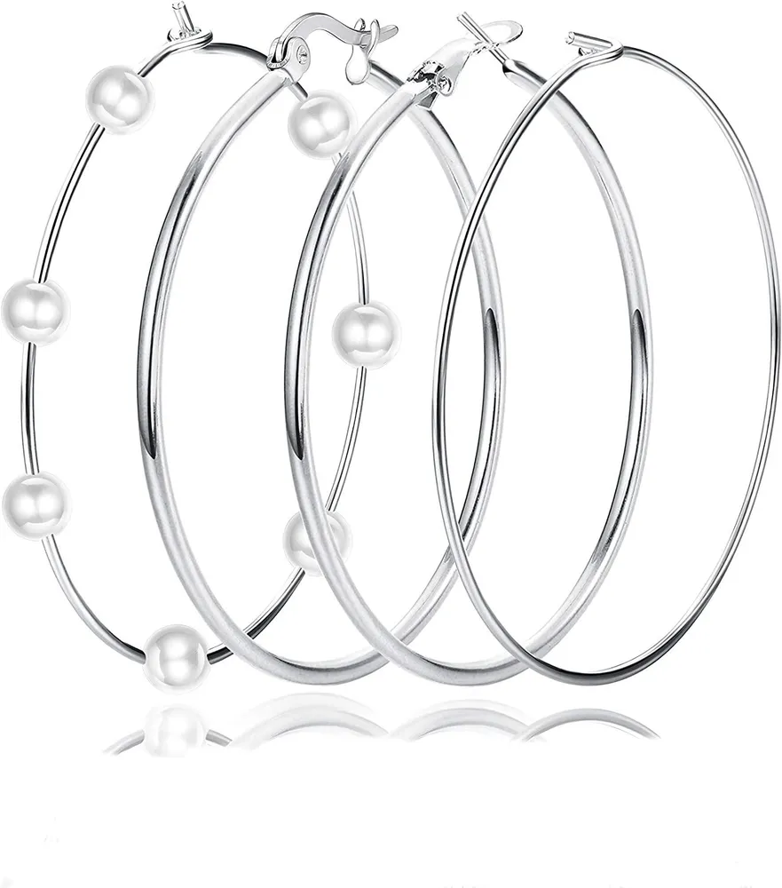 4 Paare Big Hoop Ohrringe für Frauen; Große Schreifen Super Riesen Kreis Perlen Ohrringe für Frauen Edelstahl 14K Gold Plated Dünne Hoop Ohrringe Set für Frauen Mädchen Empfindliches Ohr 60mm / 80mm / 100mm