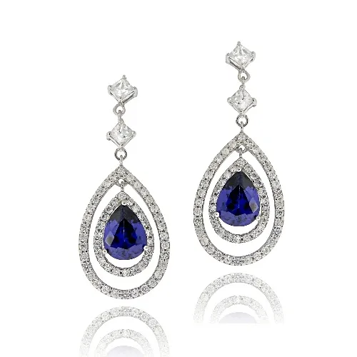 Sterling Silver Blue & White CZ Triple Teardrop Dangle Ohrringe