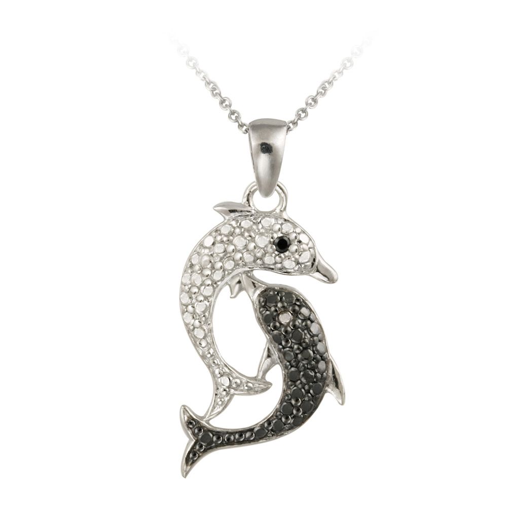 Sterling Silver Black Diamond Accent Playing Dolphins Anhänger