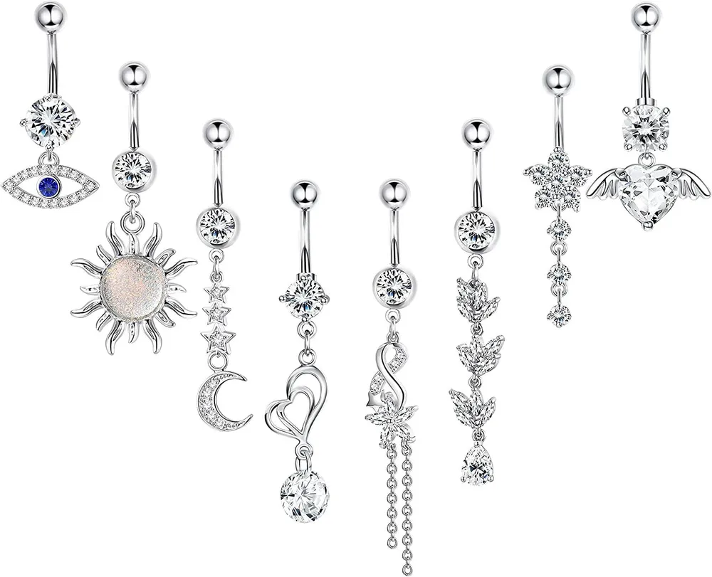 8 Stück 14G Bauchknopfringe Hängende chirurgische Bauchringe für Frauen Mädchen böse Auge CZ Nabelringe Barbell Körper Piercing Silber Rose Glod