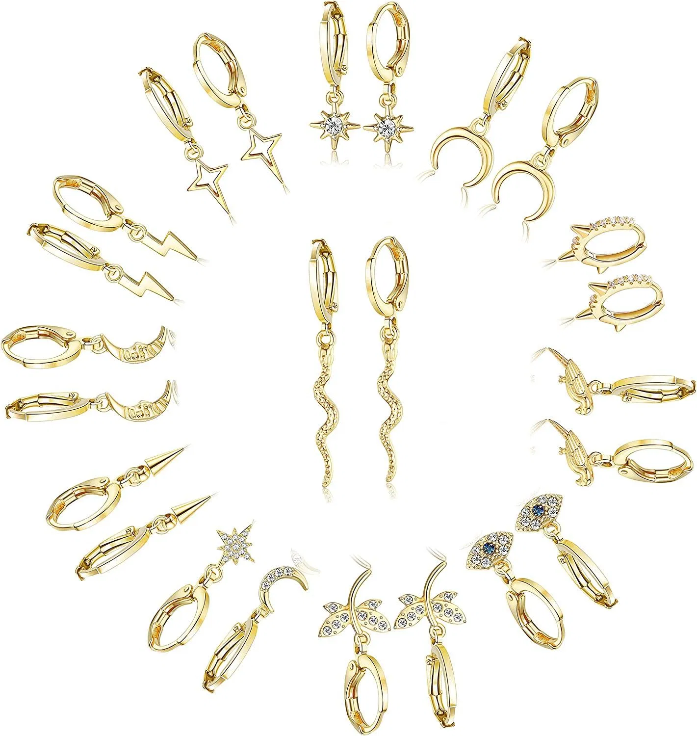 12 Paare kleine Hoop-Ohrringe Pack mit Charme Mini Hoop Dangle-Ohrringe; Snake Evil Eye Moon und Star Huggie Hoop-Ohrringe Set für Frauen und Teenager-Mädchen