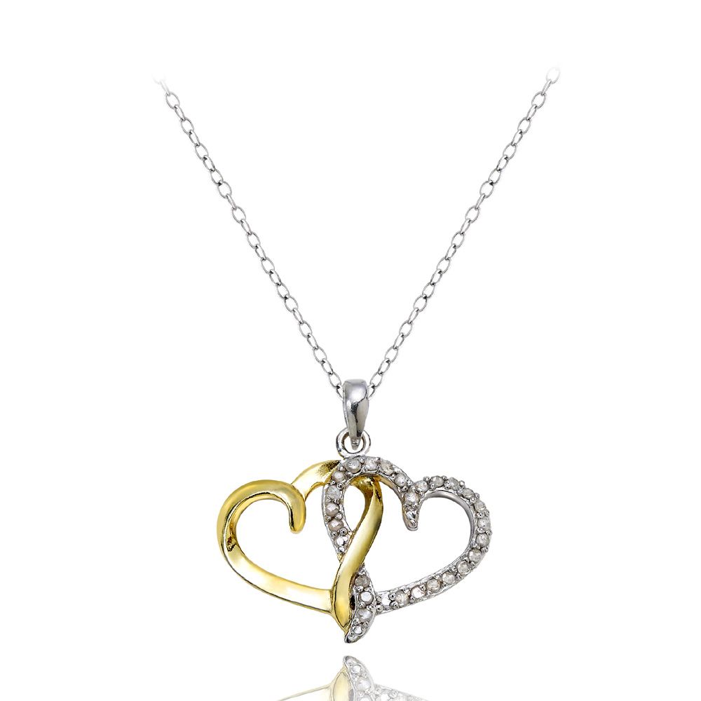 18 Karat Gold über Silber 1 / 4 Karat Diamant Zwei-Tone Doppel-Herz - Halskette