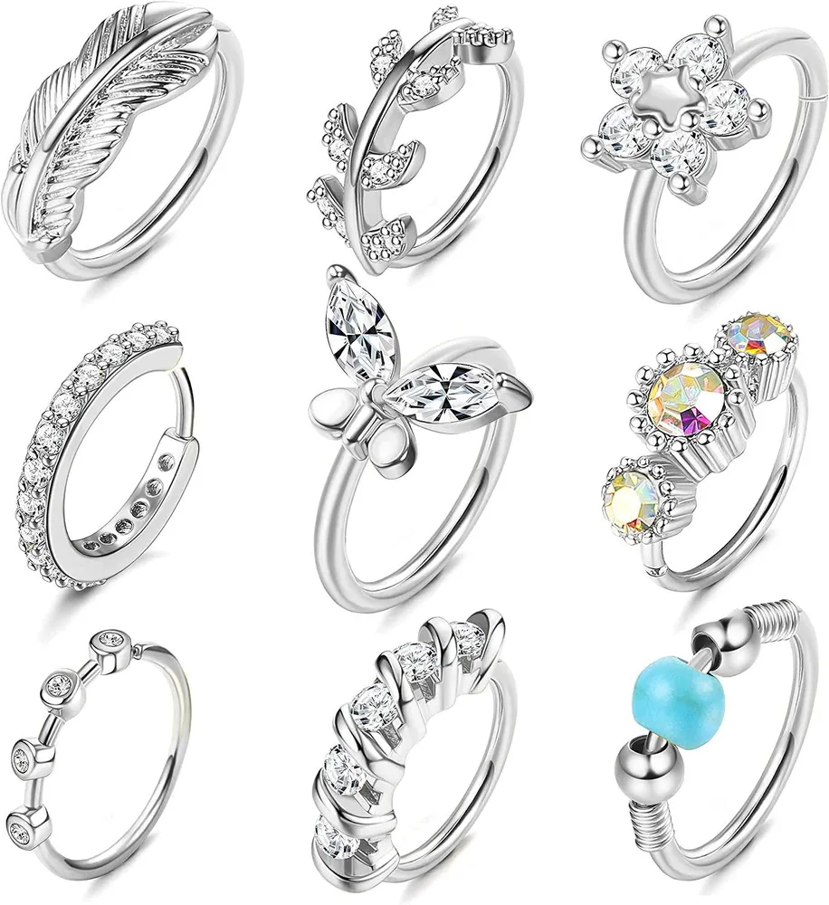 9pcs 20G Nasenringschreifen gepflastert CZ Blumenblatt Schreifen Nasen Septum Ringe Helix Knorpel Ohrringe Ohr Nase Körper Piercing Ring für Frauen Männer