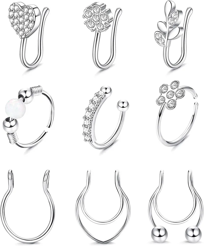 9pcs Falsche Nase Ringe Edelstahl Faux Nasen Ring Schleife Eingezogen CZ für Frauen Fuax Septum Ring Clip Auf Nasen Ring Fälschungen Septum Ringe Nicht Piercing 16 / 20G