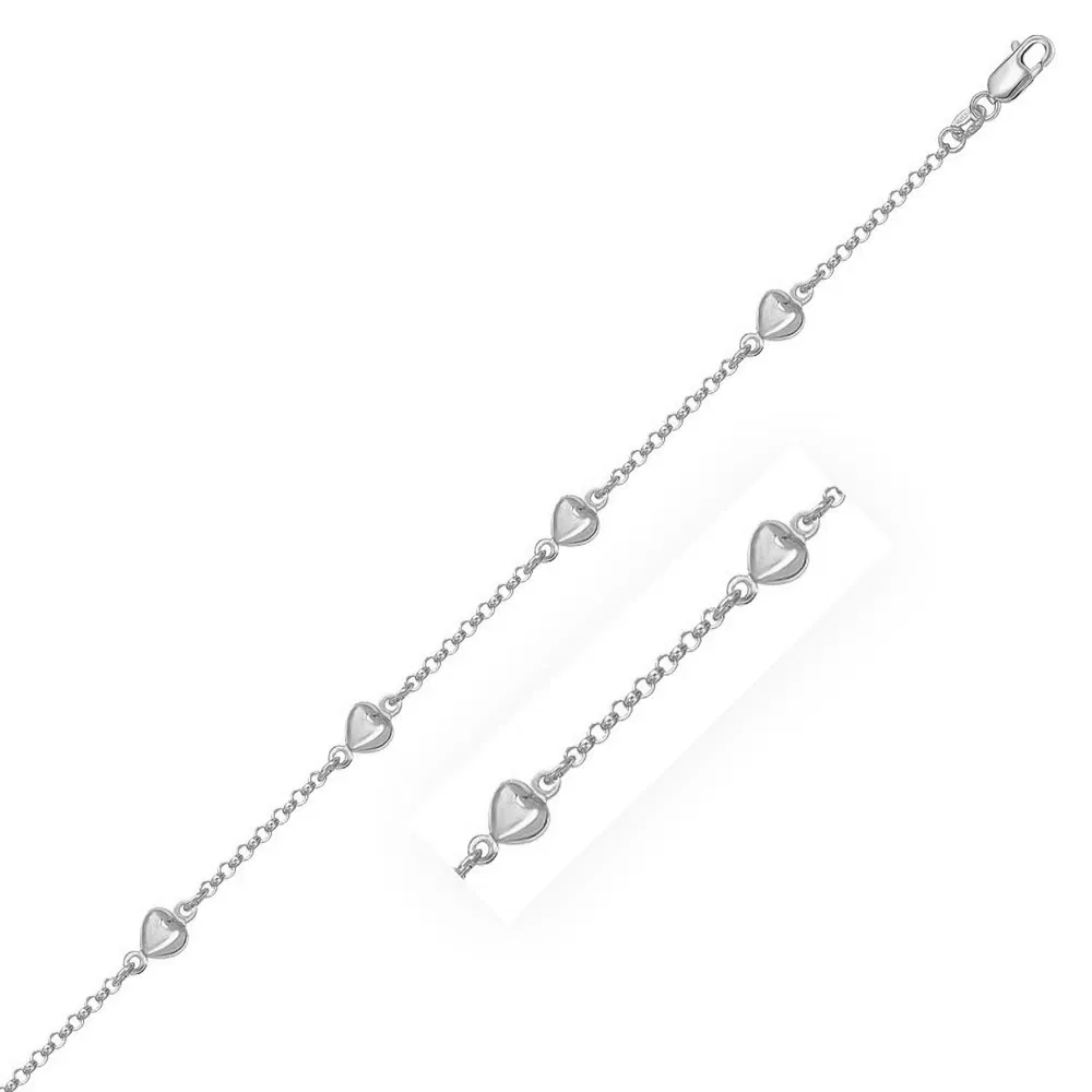 14 Karat Weißgold Rolo Chain Armband mit Puffed Heart Stations