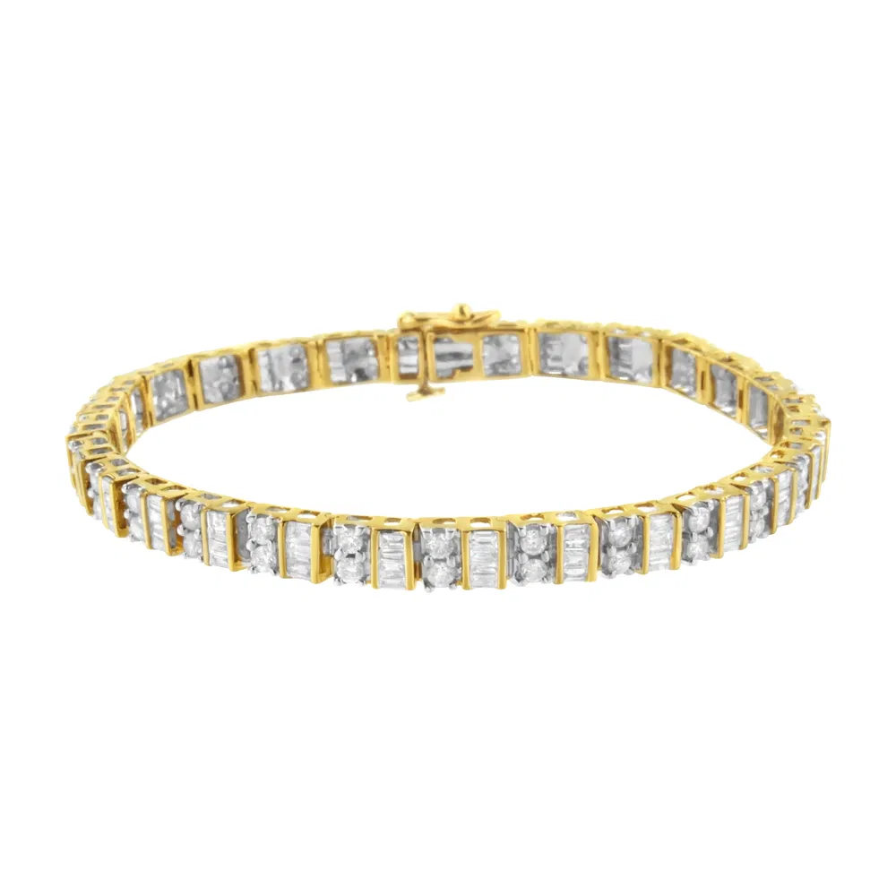 14K Gelbgold 4.0 Cttw Wechselnde Baguette & Round Cut Diamond Bezel- & Prong-Set 7