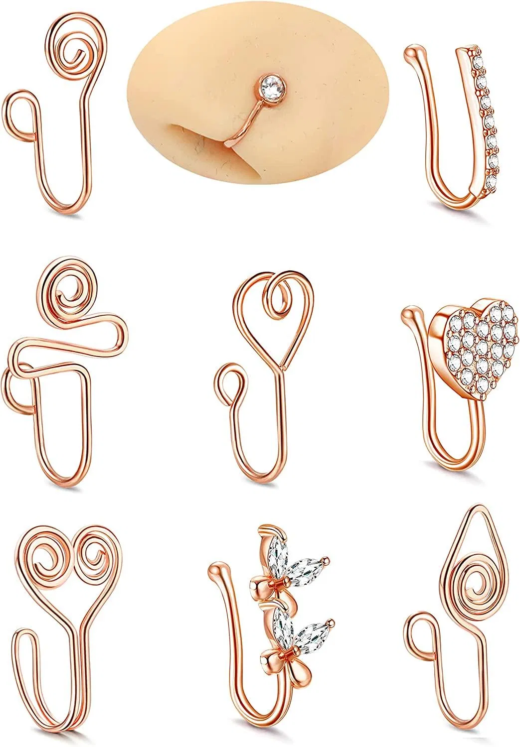 Afrikanische Falsche Nase Ringe für Frauen Männer 316L Chirurgische Nicht-Piercing - Nase-Ring - Clip auf Faux-Ohr - Manschette-Herz - Schmetterling CZ Knorpel-Tragus - Ring