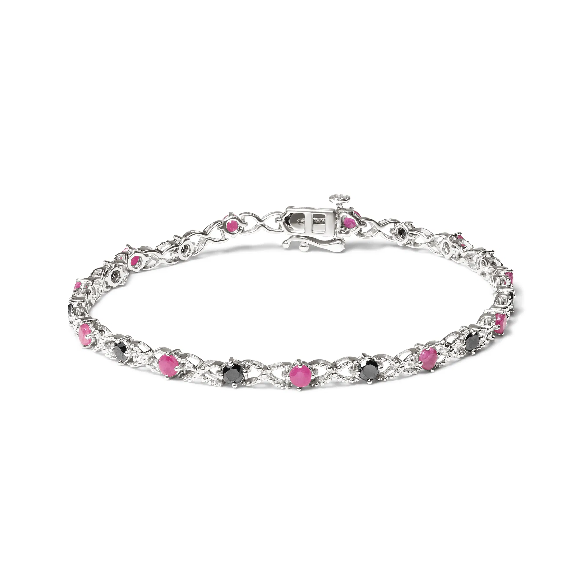 .925 Sterling Silber 1,00 Cttw behandelt schwarzer Diamant mit 3,00 mm Lab geschaffen Pink Ruby 7,25