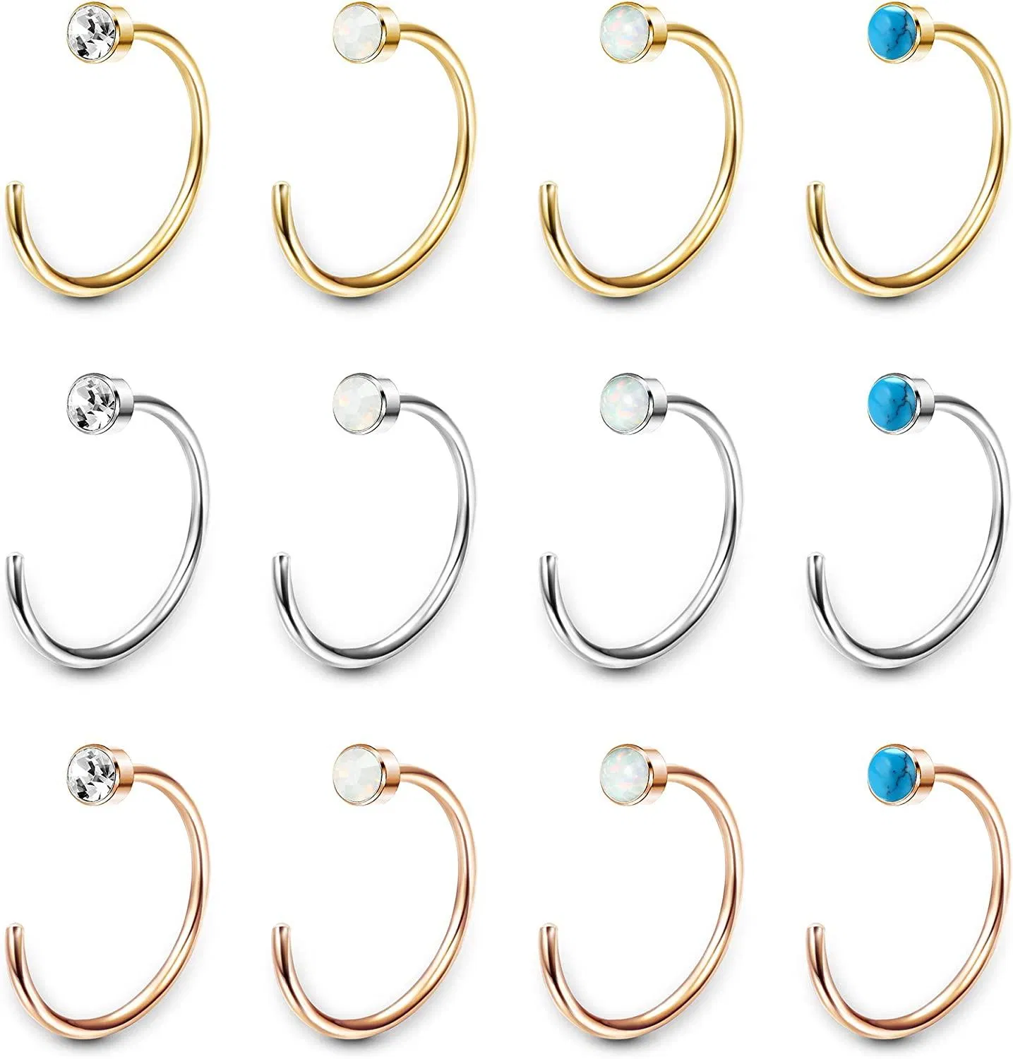 12 Stück Edelstahl Hug Hoops Ohrringe winzige Nasenringe Hoop Ohrringe für Frauen geschaffen Opal Türkis CZ Half Hoop Ohrringe Set