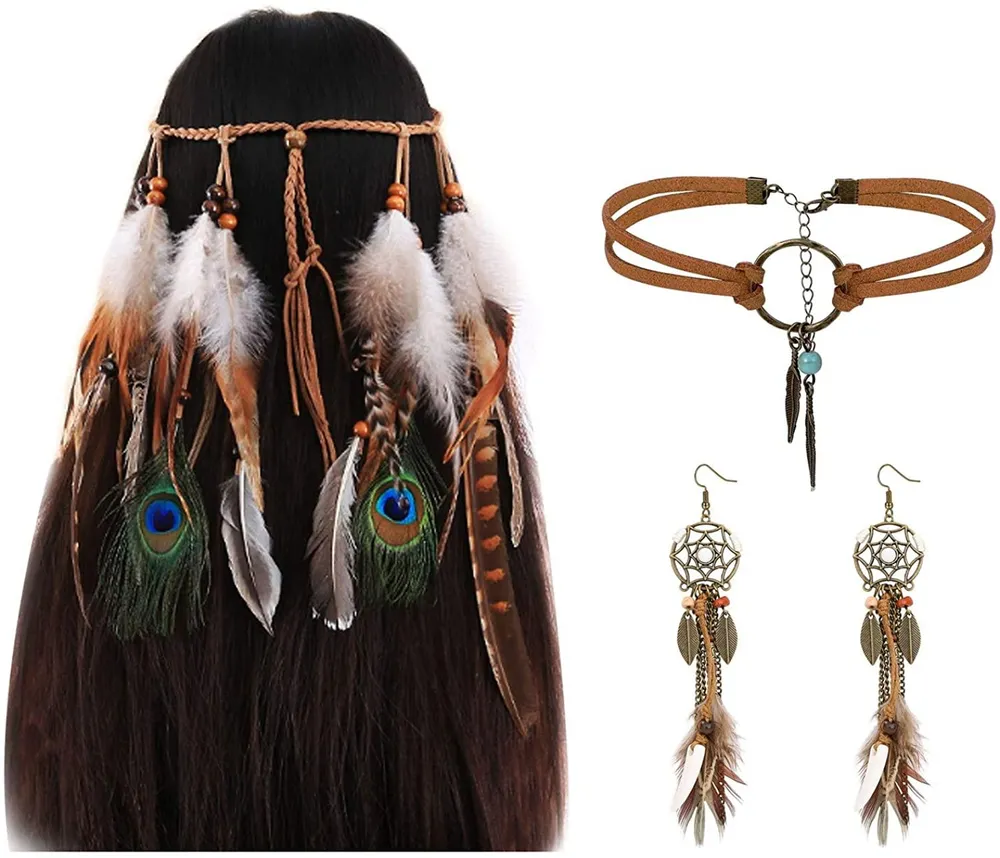 Native American Jewelry Leder Choker Kette Ohrringe Set für Frauen Handgemachte Bohemian Dream Catcher Long Faux Feather Drop Dangle Ohrringe Retro Kette Set
