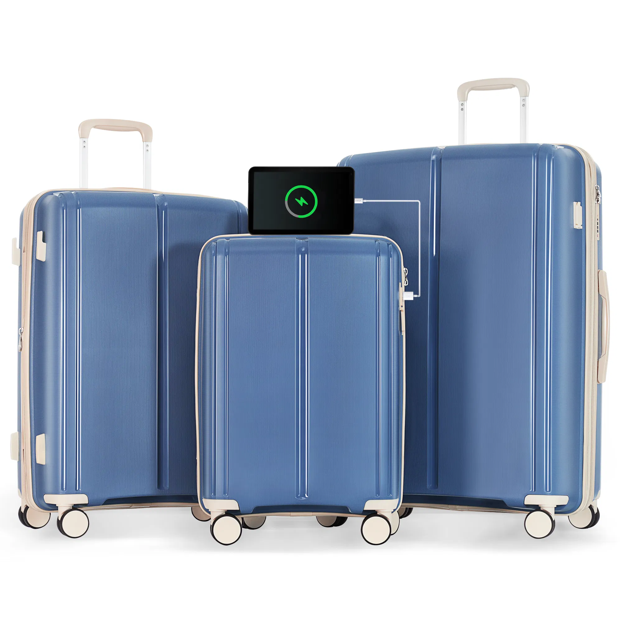 Gepäckset 3 - Stück Koffer Set 20 / 24 / 28 mit USB-Anschluss, Tragen Sie auf Gepäck Airline genehmigt, PP Leichtgewicht Koffer mit Spinner-Räder, Blau und Elfenbein