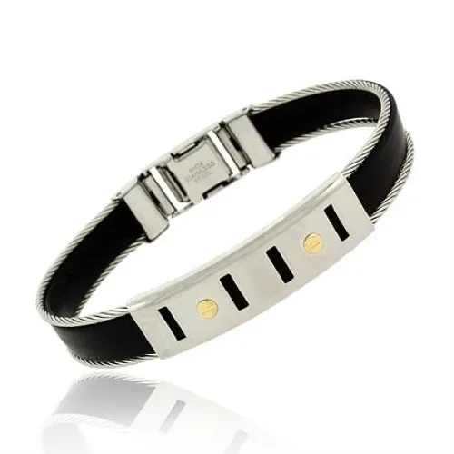 Echtes 18K Gold Gummi Edelstahl Schrauben Kabel Mens Armband