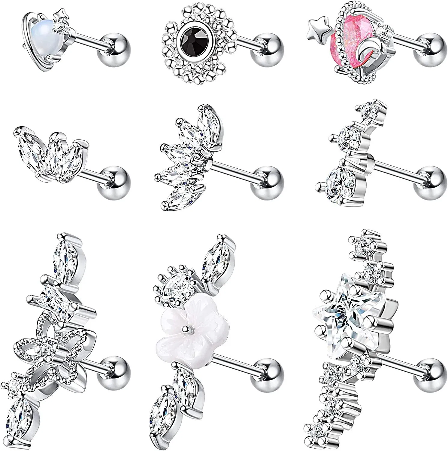 9pcs Knorpel-Staple - Ohrringe für Frauen; Edelstahl Cubic Zirkonia Knorpel Kletterer-Staple - Ohrringe Mond Schmetterling-Staple - Ohrringe Knorpel Piercing Schmuck