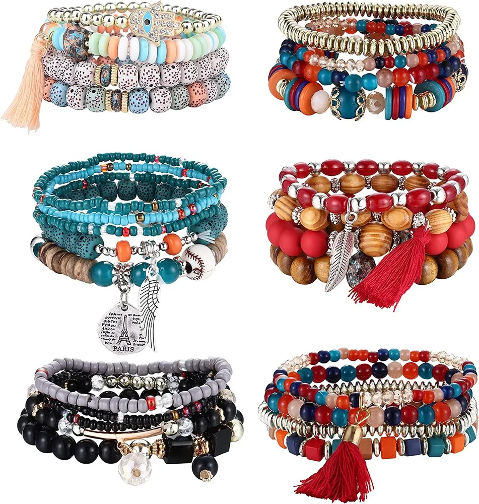 6 Sets Bohemian Stackable Bead Armbänder für Frauen Charm Stretch Multilayered Armband Set Multicolor Boho für Frauen
