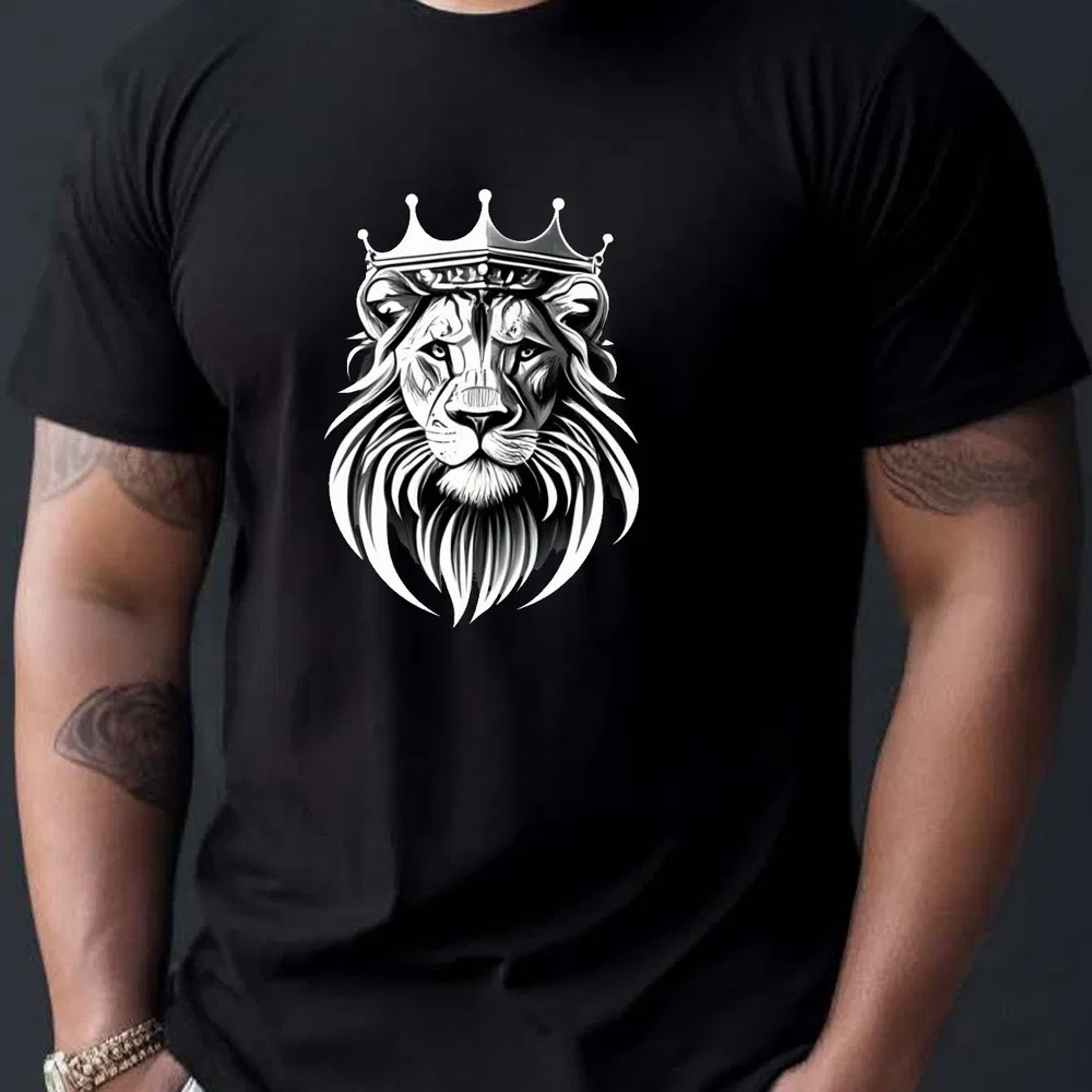 Lion Wearing Crown Print T-Shirt, Herren-T - Shirt, Sommer-Casual Kurzärme T-Shirt