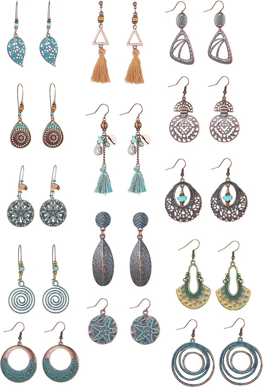 14Pairs Vintage Boho Ohrringe Dangle Pendant Ohrringe Legierung lange Bohemian Retro Drop Ohrringe Set für Frauen