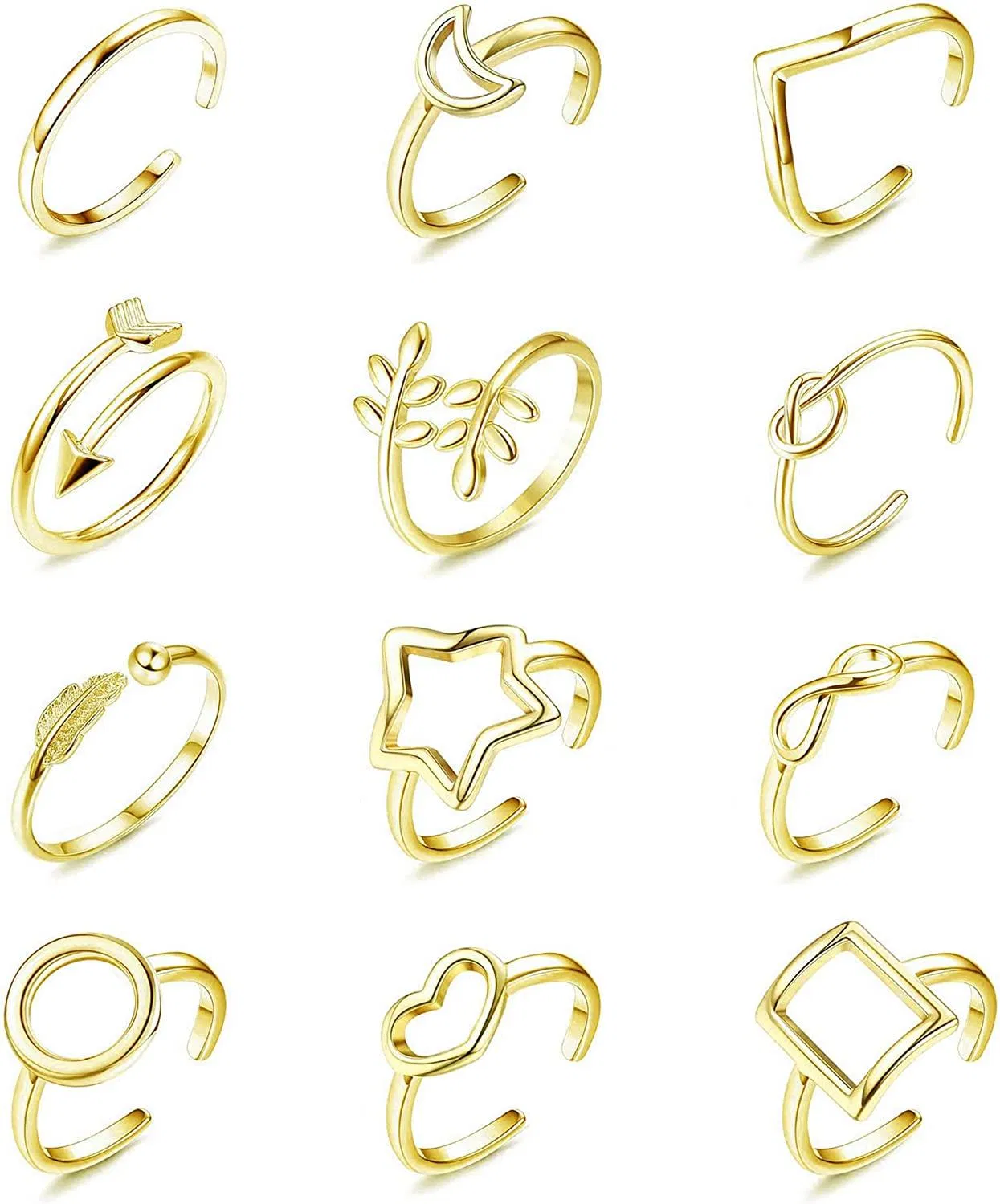 12pcs verstellbare Ringe für Frauen Mädchen Knuckel Stacking Ringe Offener Ring Silber Gold Rose Gold Pfeil Knoten Welle Stern Mond Kreis Stackable Daumen Open Ring Set