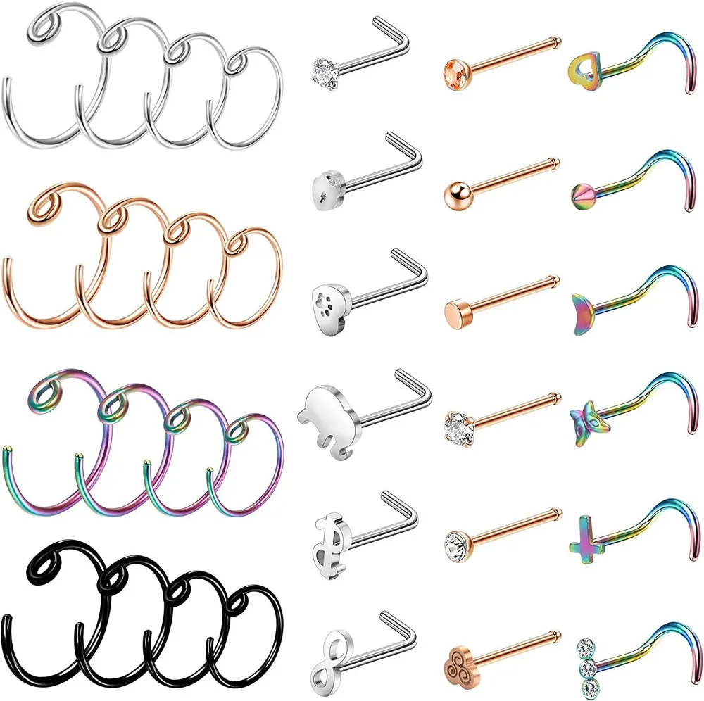 34 Stück Nasenring Schleife für Frauen Nose Piercings Edelstahl Nasenknochen L-geformte Schraube Nasen-Stuck - Set-Ringe für Frauen Männer