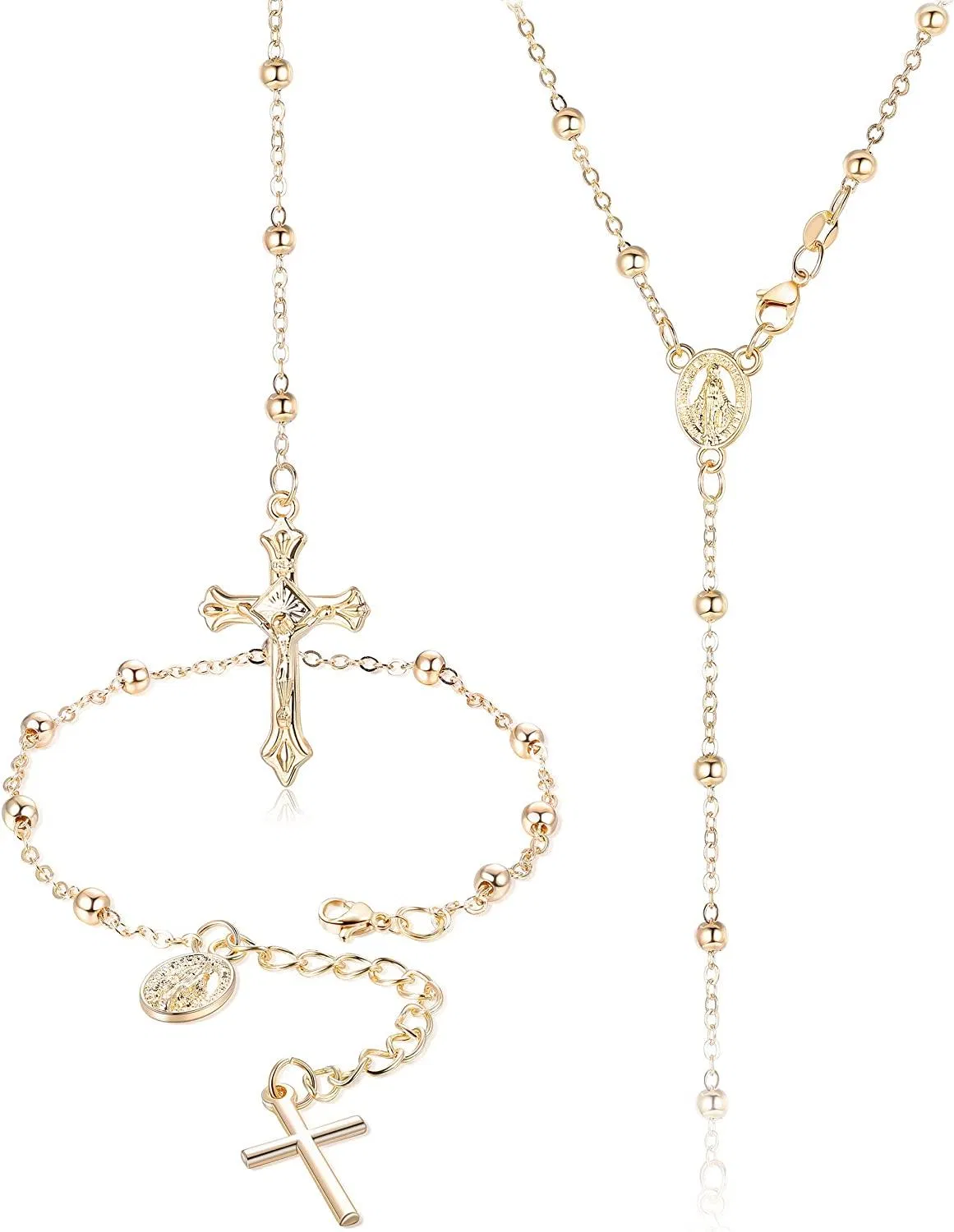 Rosenkranz Perlen Halskette Armband für Frauen Jungfrau Maria Medaille Kreuz Kreuz Anhänger Charm Link Kette Armband Y Halskette