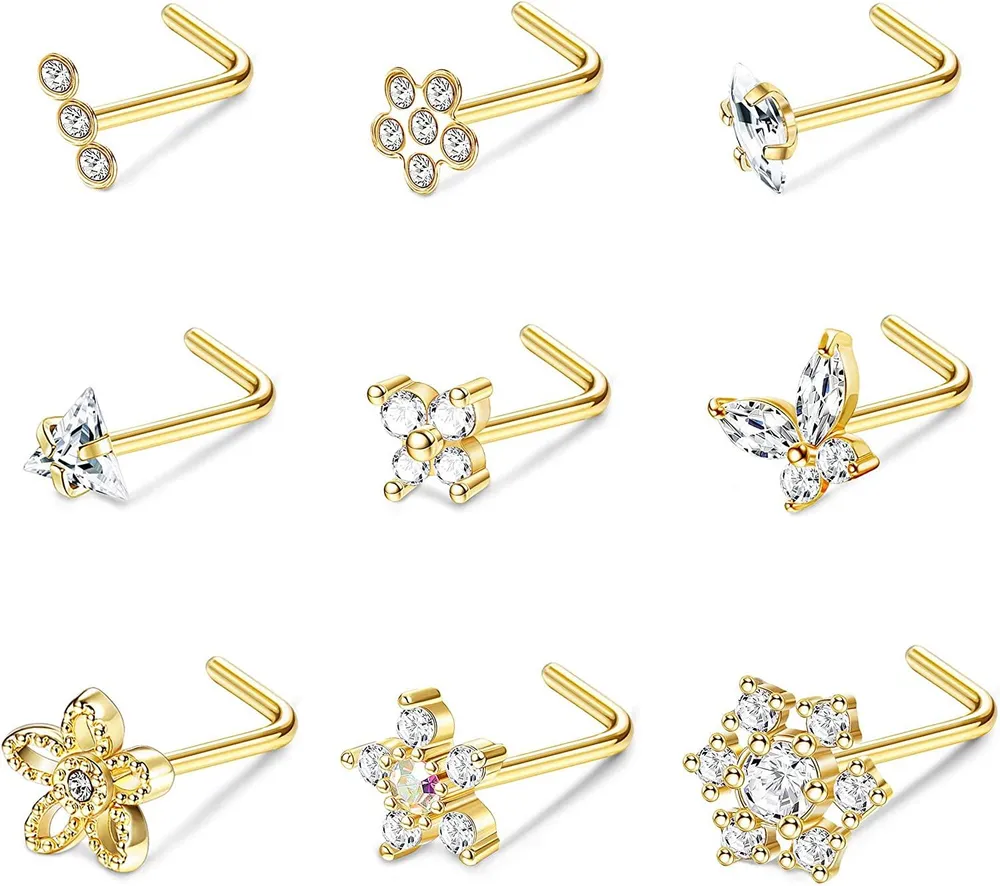 9pcs 20G Nasenringe Studs mit Big Bling CZ Schneeflocken Stern Top Chirurgischer Stahl L-Form Nasen Studs Triple Linear Juwel Ball Round Diamond CZ Nasen Piercing Schmuck 7mm