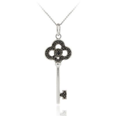 Sterling Silber Designer inspiriert schwarz Diamant Akzent Crown Key Pendant