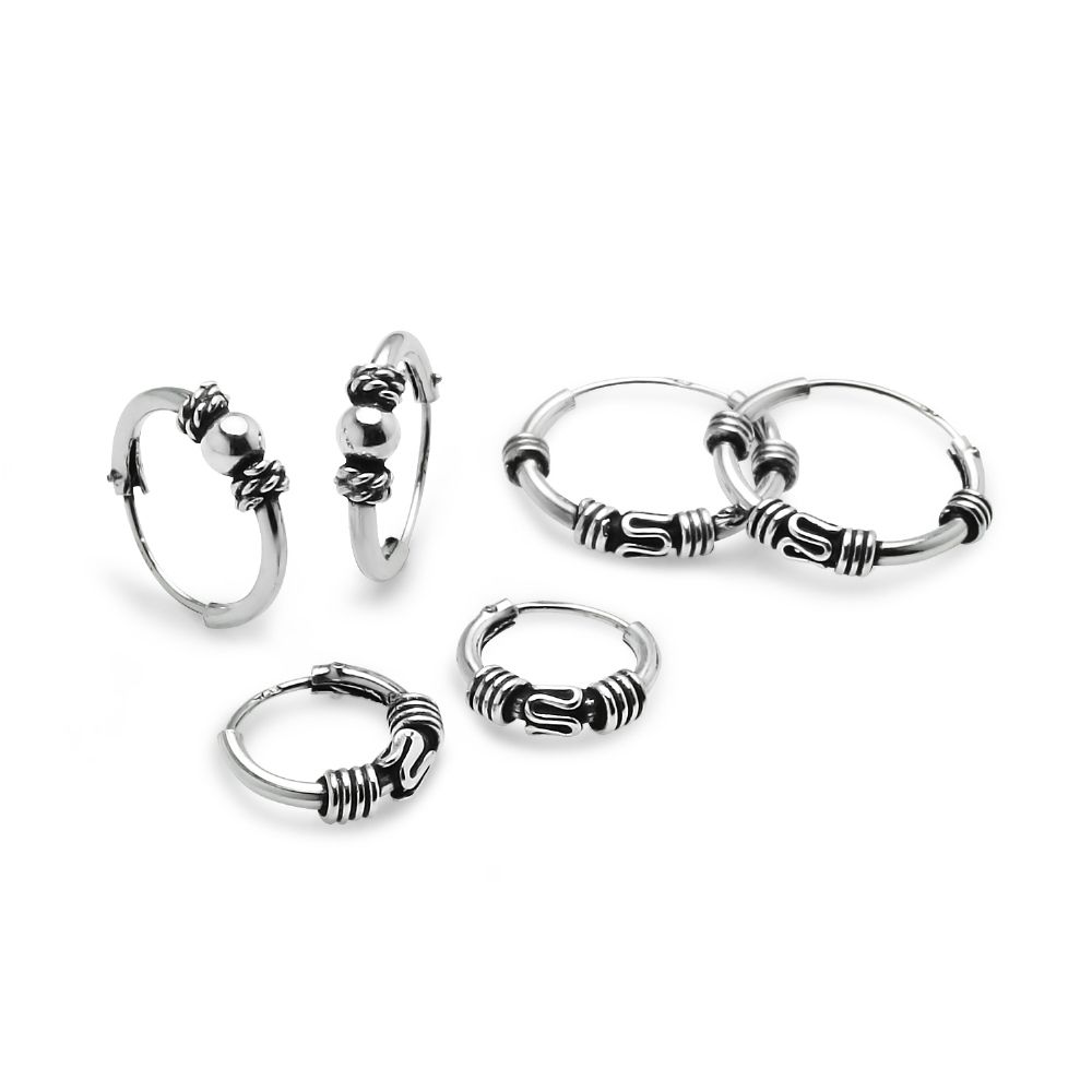 Sterling Silber-Set von drei 10mm, 12mm & 14mm Bali Perlen und Bali Endless Hoop Ohrringe