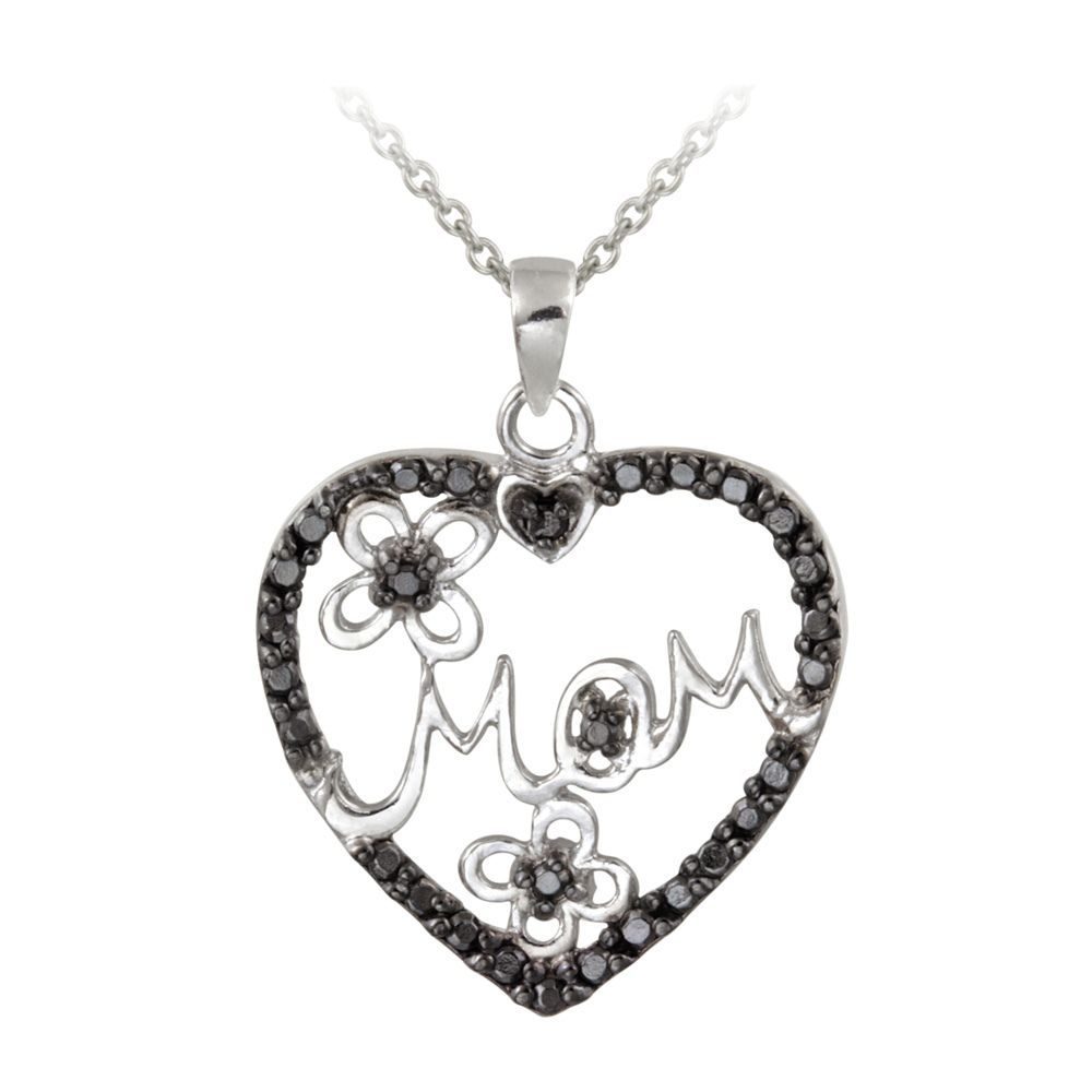 Sterling Silver Black Diamond Accent Mom Heart Pendant, 18