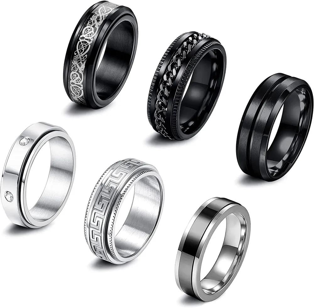 6pcs Schwarz Edelstahl Fidget Spinner Ringe für Männer Frauen Cool Linderung Angst Frieden Ringe für Sorgen Hochzeit Versprechen Band Ringe Set Größe 8