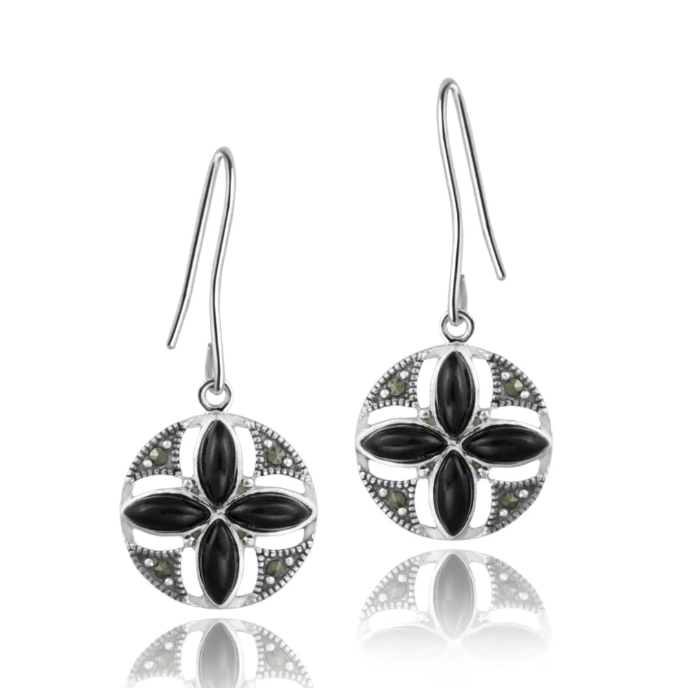 Sterling Silber Onyx & Marcasite Flower Dangle Ohrringe