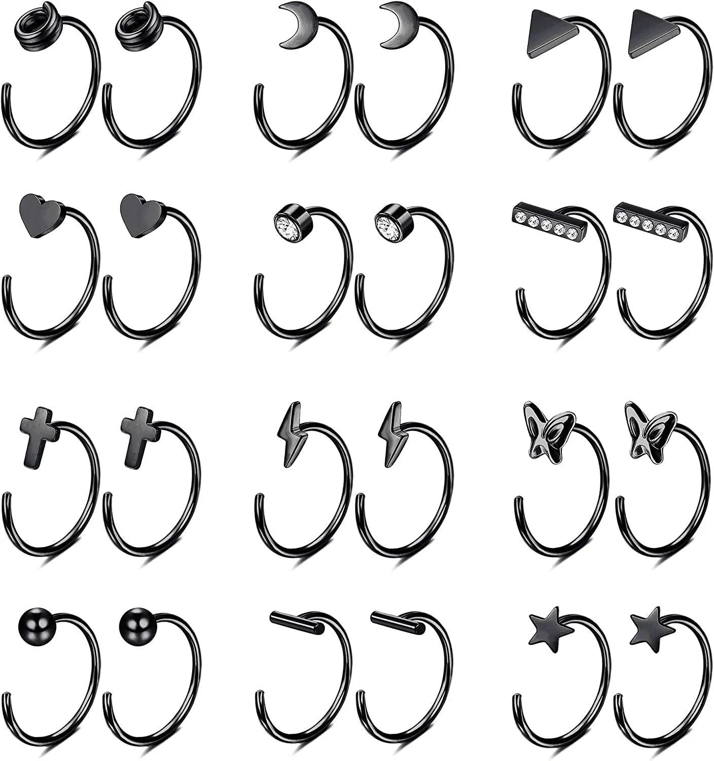 12 Paare Half Hoop Ohrringe Edelknorpel Piercing Ohrringe Star Moon Butterfly Heart Minimalist Mini Huggie Ohrringe Tiny Nose Ring Hoop für Frauen Männer