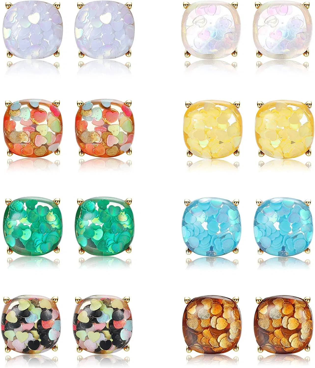 8 Paare Faux Druzy Stud Ohrringe Herz Quadrat Stud Ohrringe Edelstahl Statement Colorful Glitter Ohrringe für Frauen Teenager