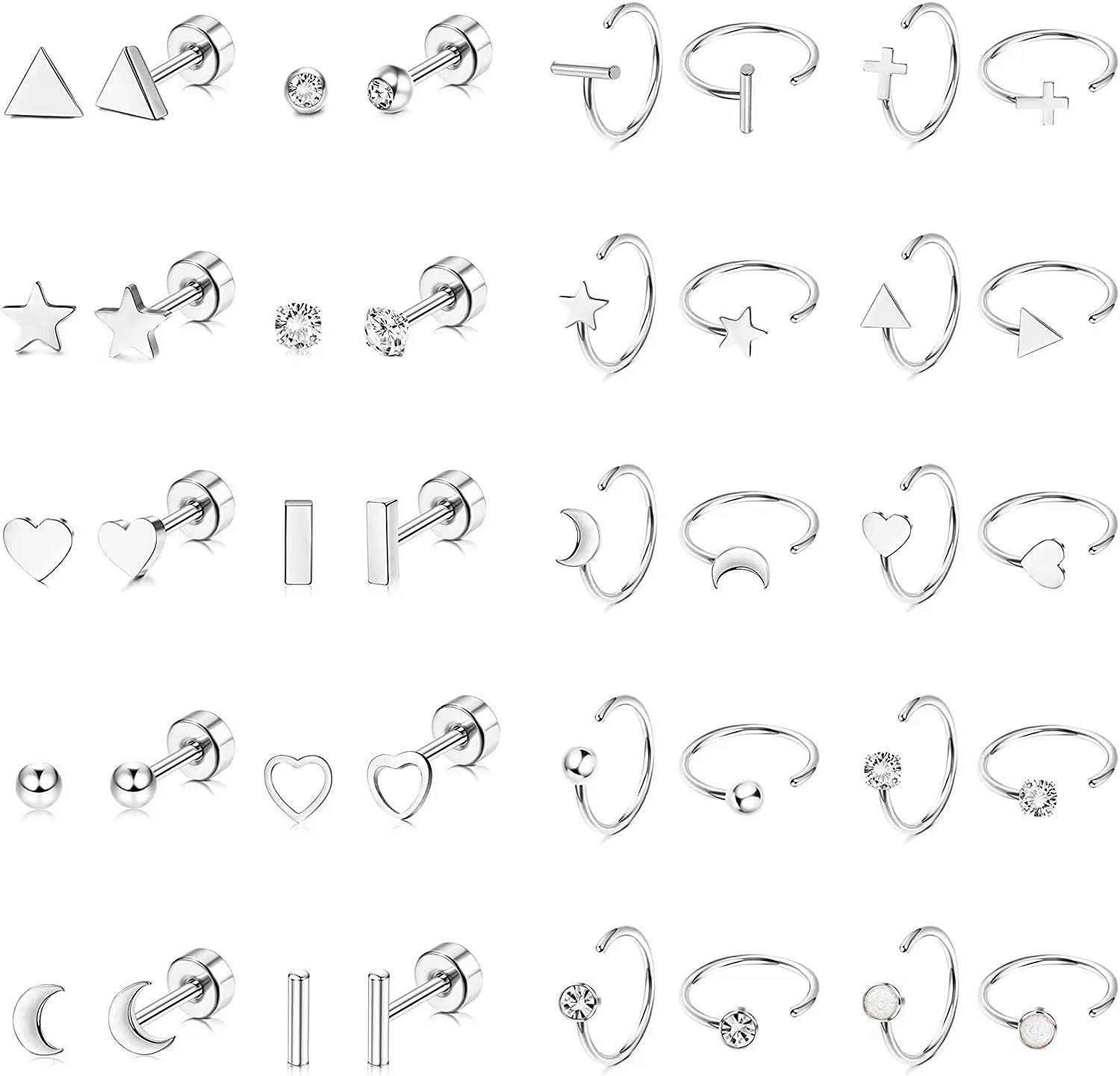 20 Paare Half Hoop Ohrringe für Frauen Männer Edelknorpel Stud Ohrringe CZ Opal Ball Stern Mond Dreieck Herz Flatback Ohrringe Set 20g