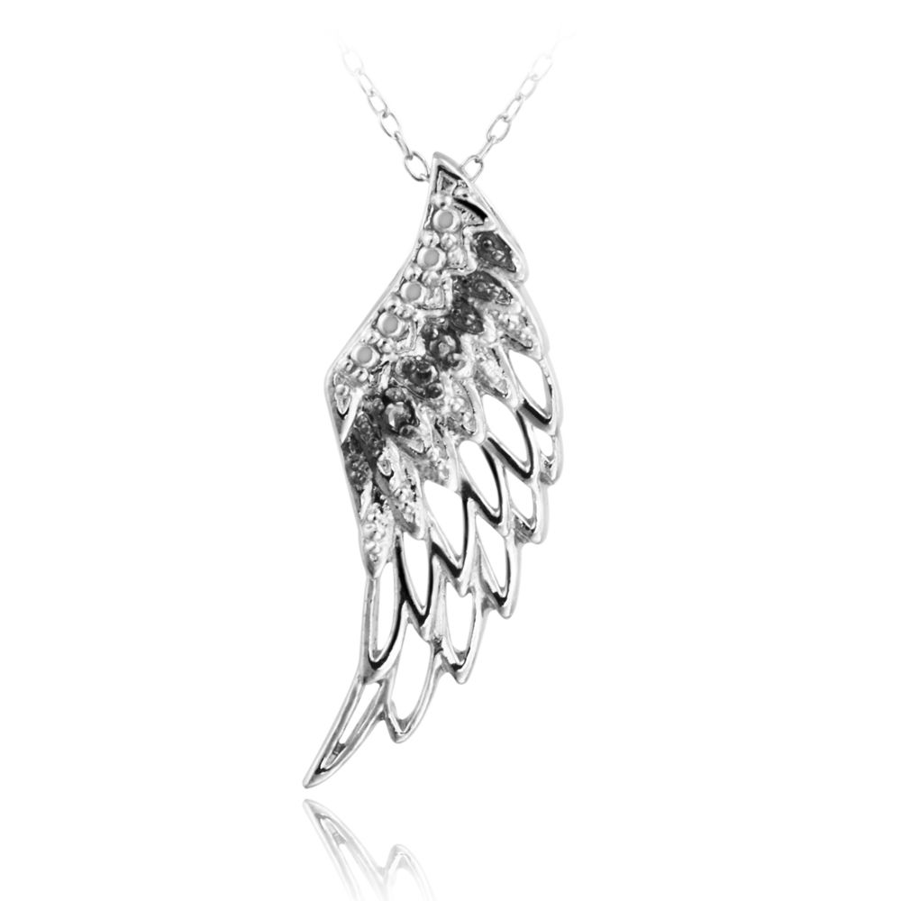 Sterling Silber Schwarz Diamant Akzent Engel Feder Wing Halskette