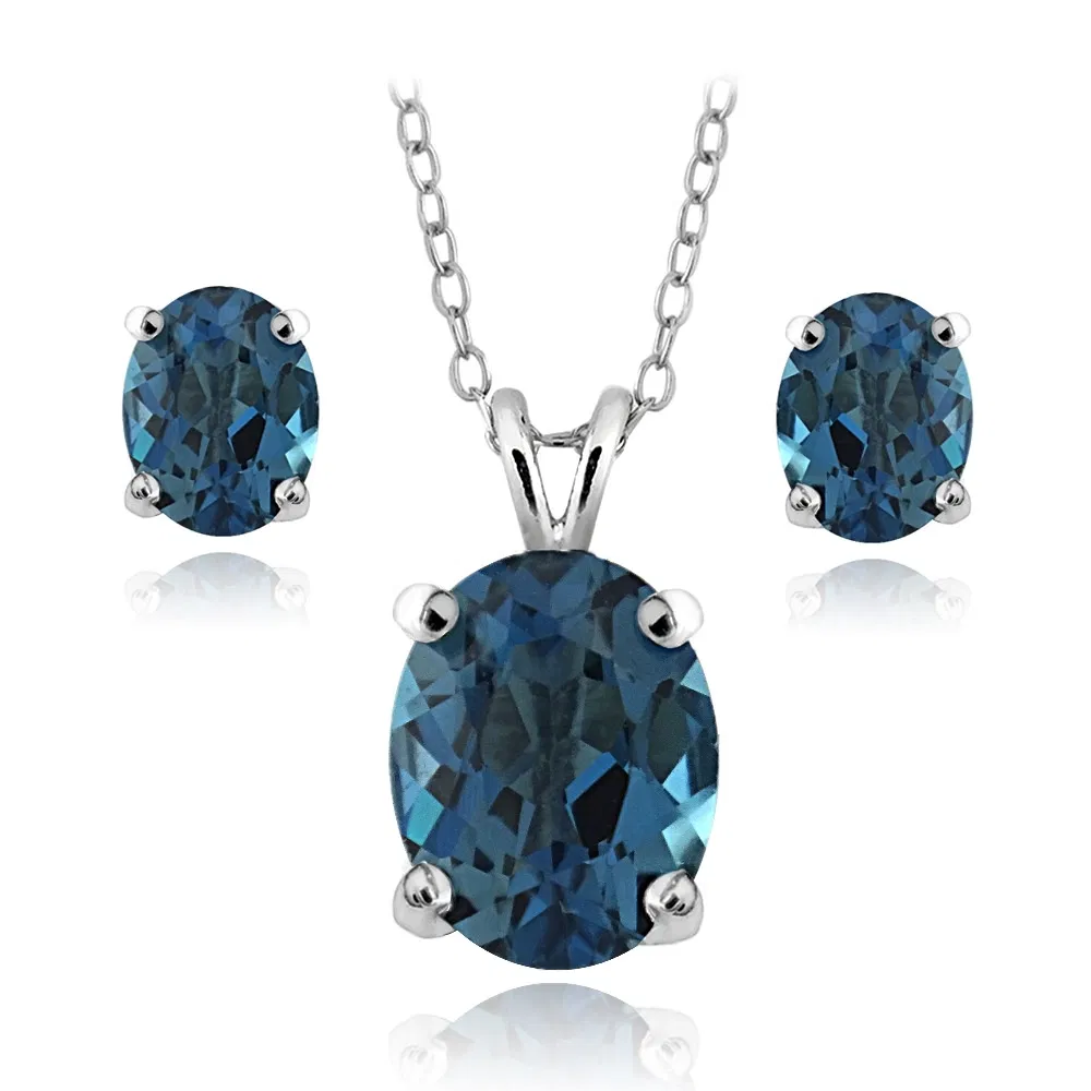 Sterling Silber 4,2ct London Blue Topaz Oval Solitaire Halskette & Ohrringe Set