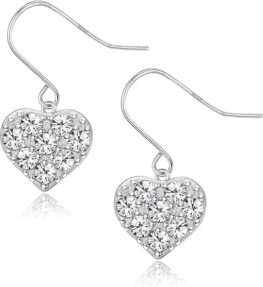 Herz Dangle Ohrringe 925 Sterling Silber Weiß Gold Plated Hypoallergen CZ Liebe Herz Drop Ohrringe für Frauen Geburtstagsgeschenk
