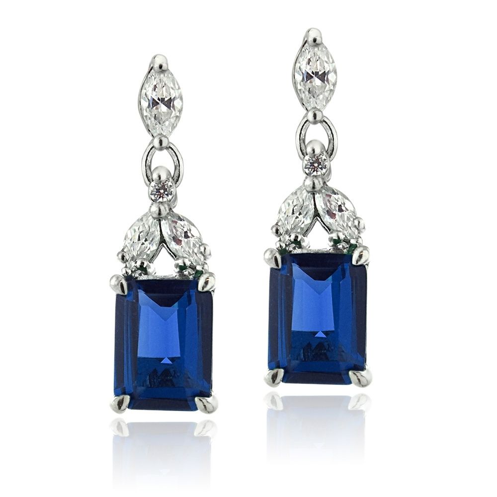 Sterling Silber geschaffen Blauer Saphir & CZ Rechteck Dangle Ohrringe