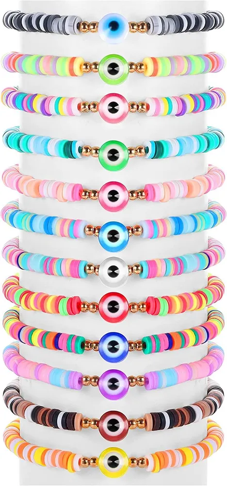 12 Stück Evil Eye Mexikanische Armbänder für Frauen einstellbar süßer Brief Perlen Heishi Armband Handgemacht farbenfrohe Ojo Evil Eye Armband Set