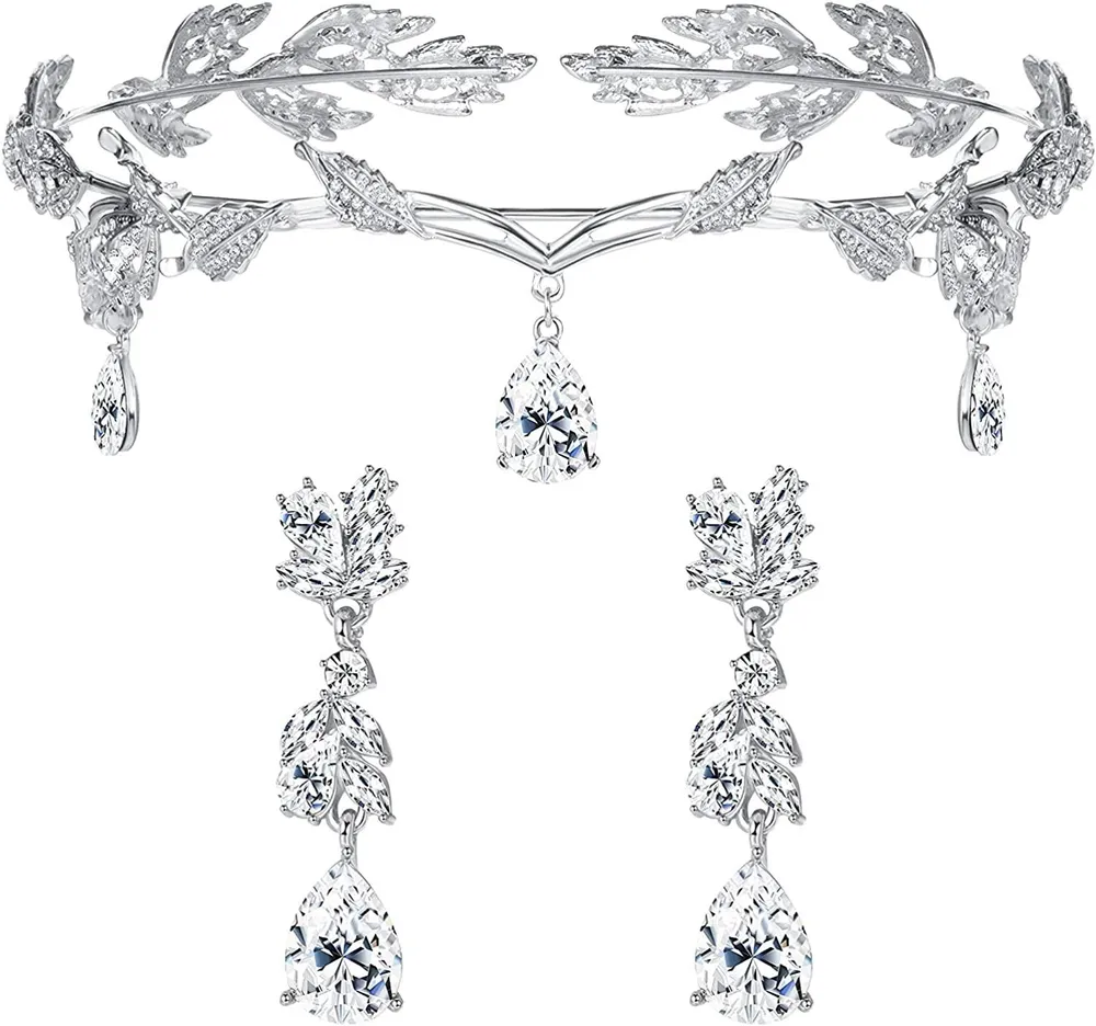 Prinzessin Tiara Ohrring Schmuckset für Frauen Mädchen; Elegant Kubik Zirkonia Rhinstein Laurel Blatt Krone Tränentropfen Dangle Ohrringe Set Braut Hochzeit Prom Geburtstag römische Schmuck Accessoires