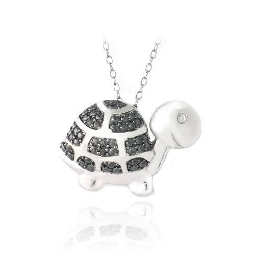 Sterling Silber Schwarz Diamant Akzent Schildkröte Halskette