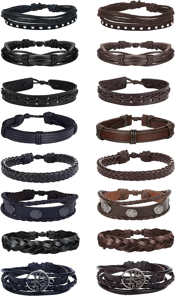 16 Pcs geflochtenes Lederarmband für Männer Handgelenk Gewebe Armbänder Handarbeit verstellbar und braun