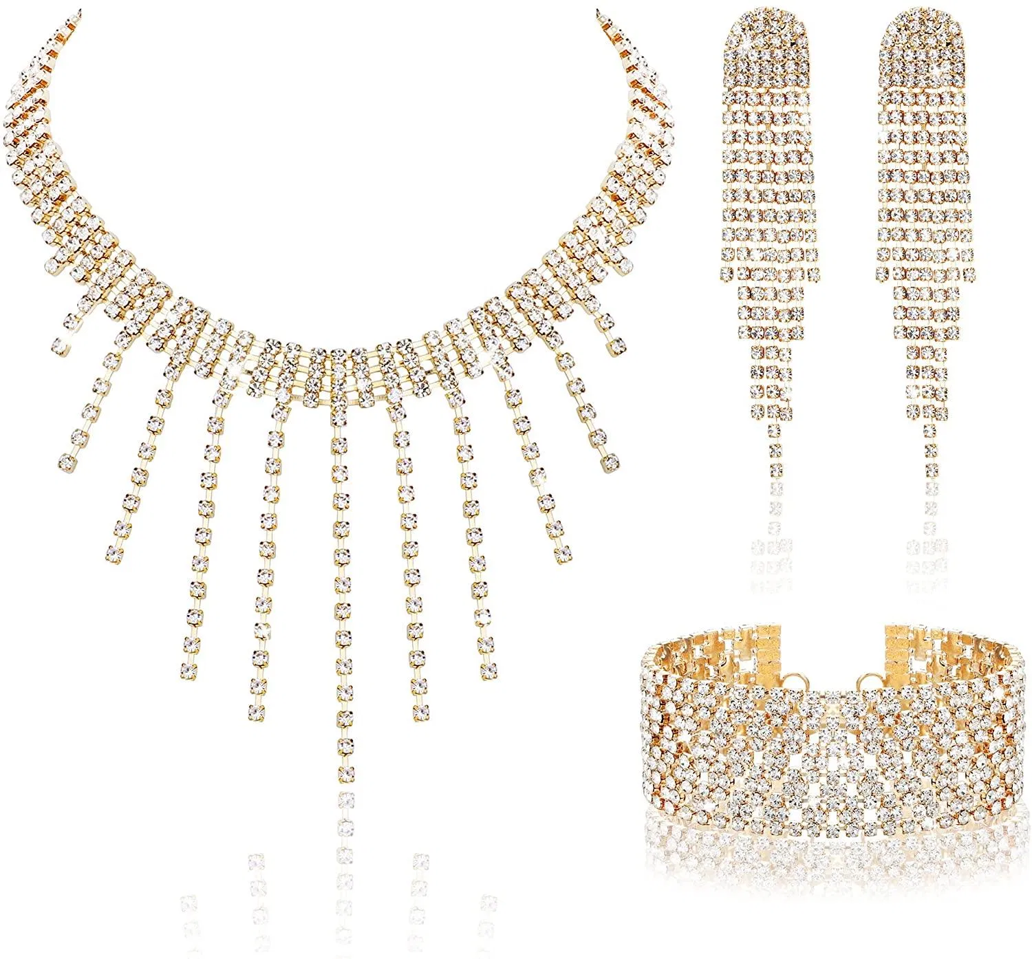 Kristall-Set Rhinestone Choker Kette Stretch Armband Rhinestone Tassel Dangle Ohrringe Party Kostüm für Frauen Braut-Set für Hochzeit Prom