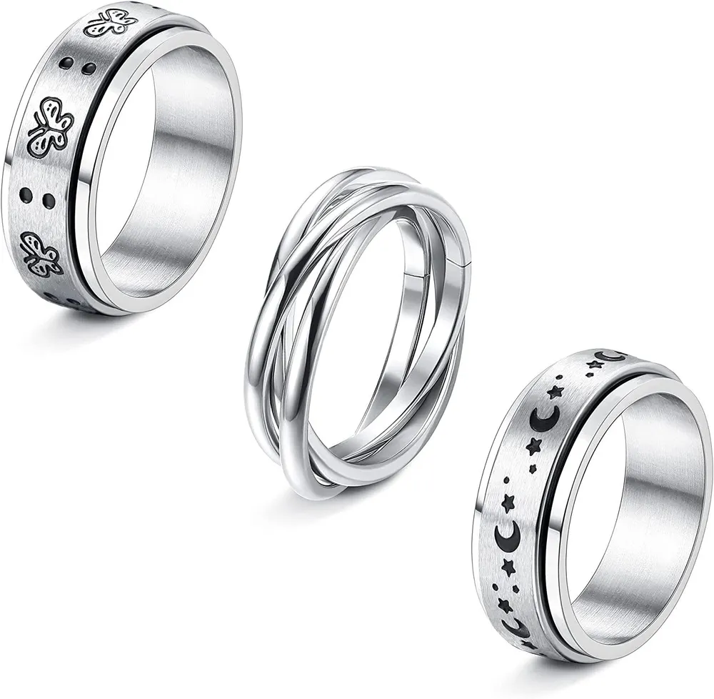 3Pcs Spinner Ring Angst Ring für Frauen Männer Edelstahl Triple Rolling Ring Fidget Ringe für Angst Versprechen Hochzeitsringe Stress Linderung Ringe Set Größe 7