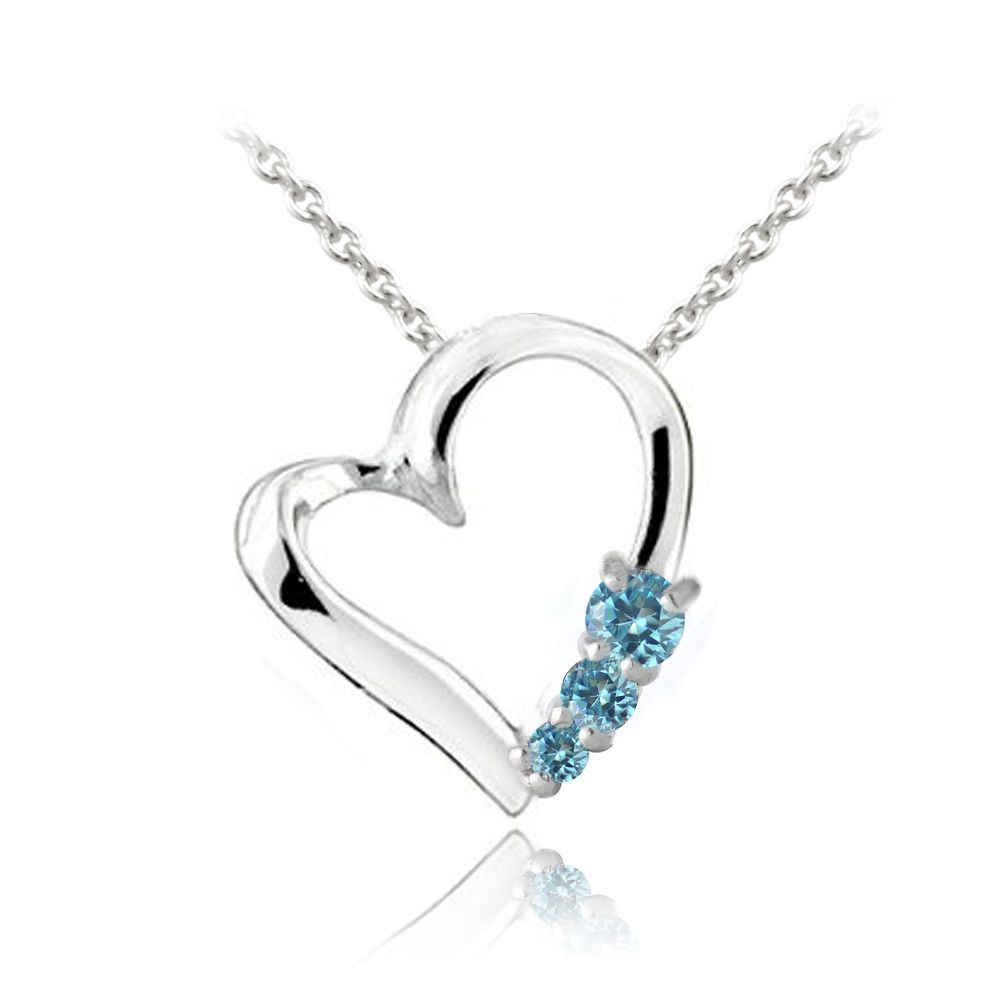 Sterling Silber Aquamarine CZ Drei Stein schwimmendes Herz Halskette