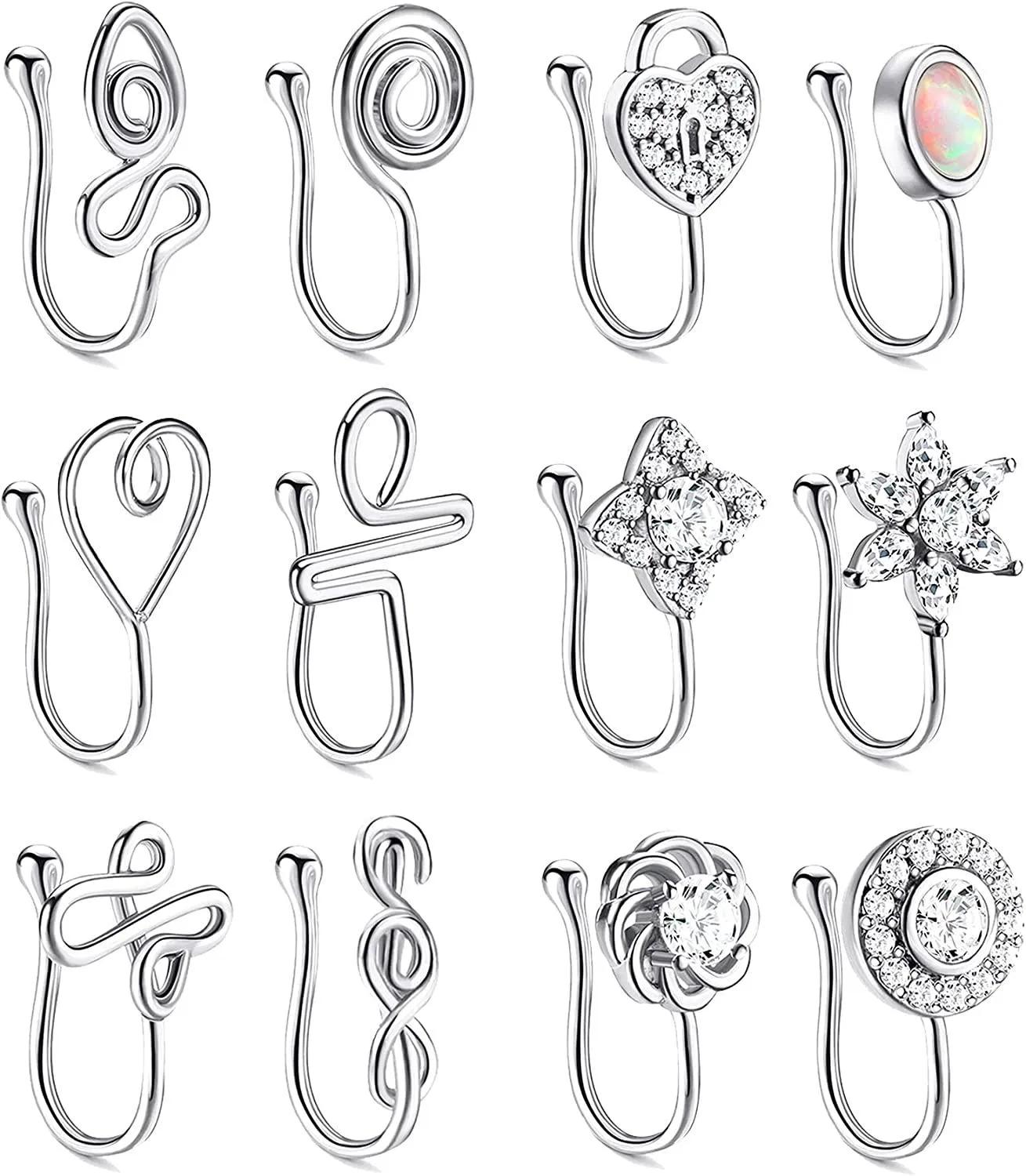 12Pcs Falsche Nasenringe für Frauen Nasenmanschette für nicht durchbohrte Faux Septum Nasen Piercing CZ Hoop Ringe Clip On Nose Cuff Set Faux Nasenringe