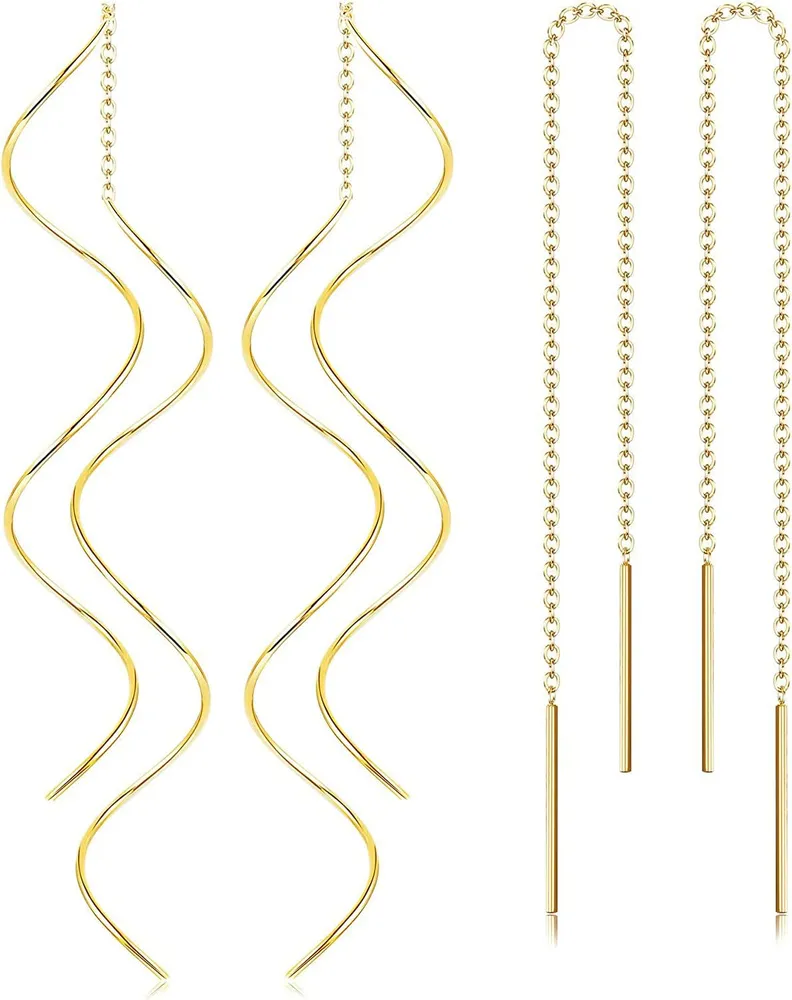 2 Pairs Stainless Tassel Threader Ohrringe für Frauen Leichtgewicht Welle Threader Dangle Drop Minimalist Chain Ohrringe Set