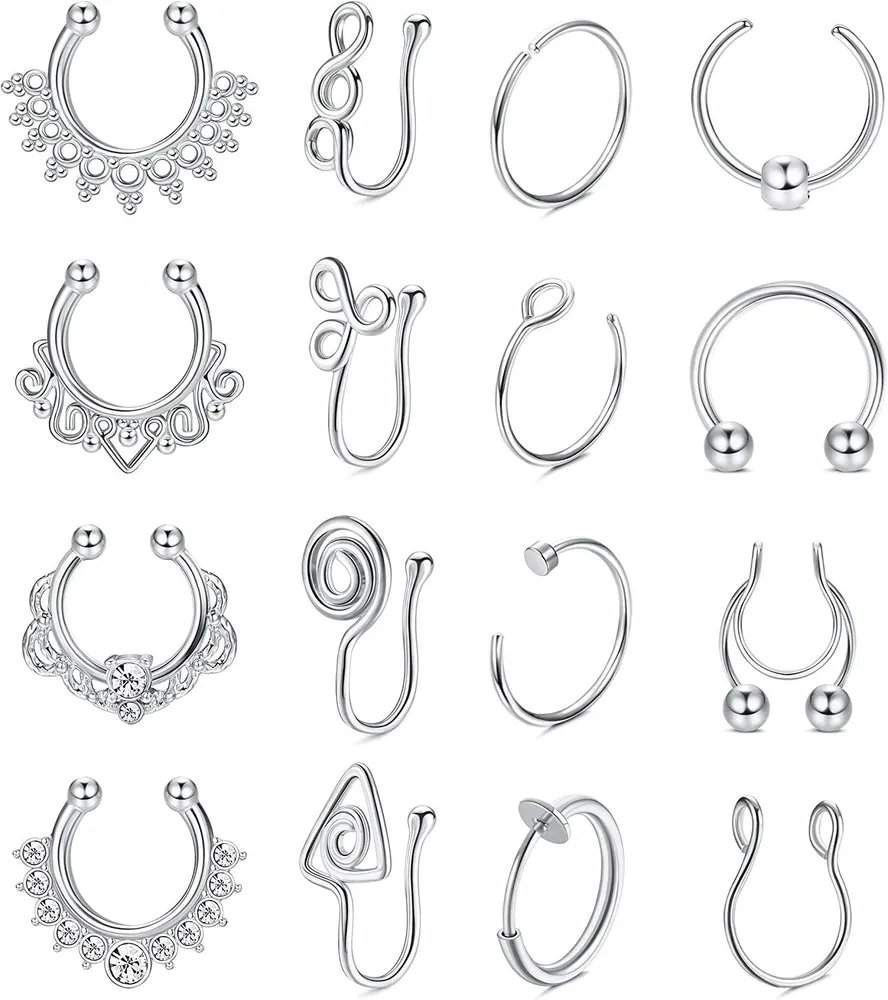 16Pcs Falsche Septum Ringe Falsche Nase Ringe Hoop Edelstahl Faux Lippe Ohr Nasen Manschette Nicht Piercing Körper Piercing für Frauen Männer